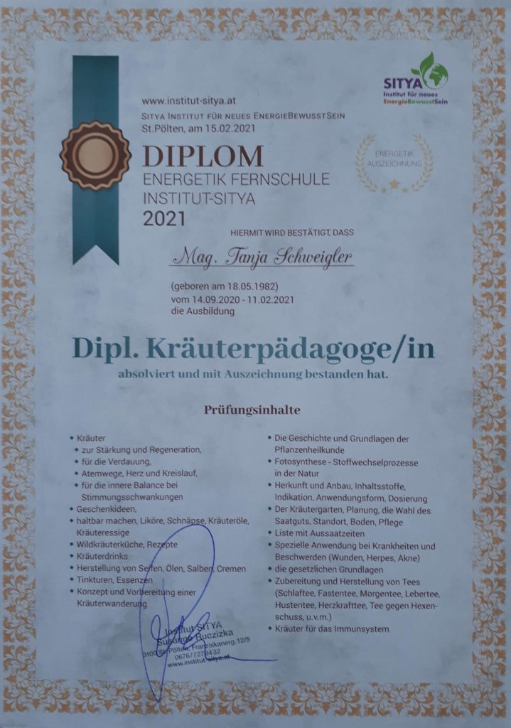 Diplom zur Kräuterpädagogin
